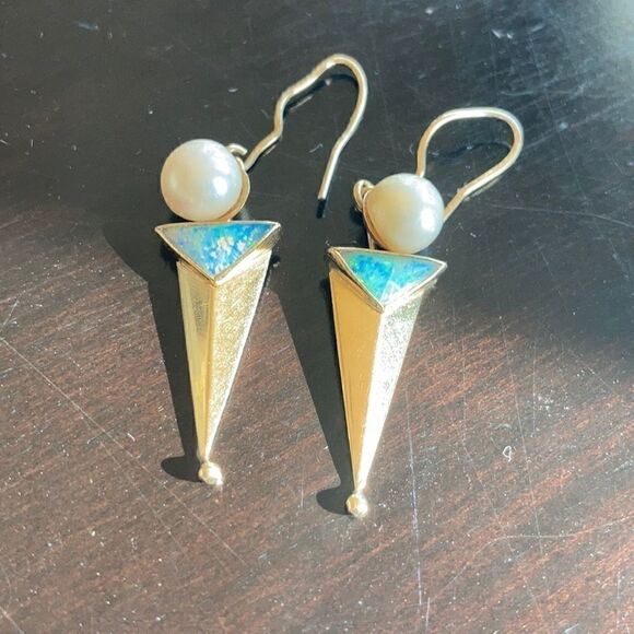 Hand Crafted Jewelry - Vintage Gold Earrings Genuine 14K Gold Real Pearl Genuine Opal Artisan Earrings